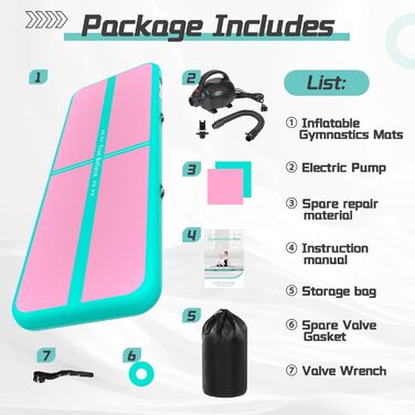 Надувна гімнастична килимок для челедангу, йоги, паркуру, пляжу, парку та води (зелений/рожевий, 13ft*3.3ft*6inches(4m*1m*0.15m))