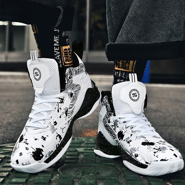 Баскетбольні кросівки для чоловіків та хлопців, високий зріз, антиковзаюча підошва, спортивне взуття для осені/зими, розміри 35-45 EU, чорно-білі