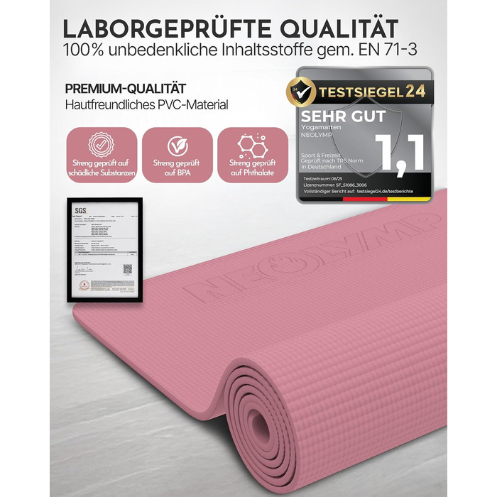 Килимок для йоги Neolymp протиковзкий та захищає суглоби – 183x61 см – PVC – для йоги, пілатесу – з E-Book та відео-управами (Рожевий)