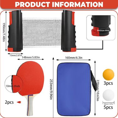 Набір для пінг-понгу CHRI: 2 ракетки, сітка, 6 м'ячів, сумка. Підходить для дітей та дорослих