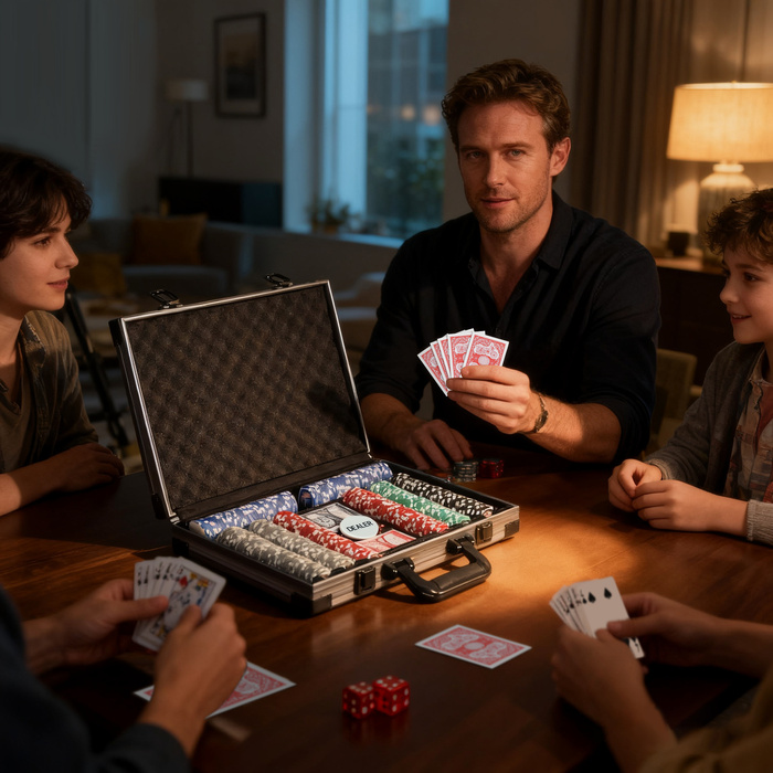 Набір для покеру SPORTNOW: 400 фішок, 2 колоди карт, 5 кубиків, диск ділера, ігровий килимок