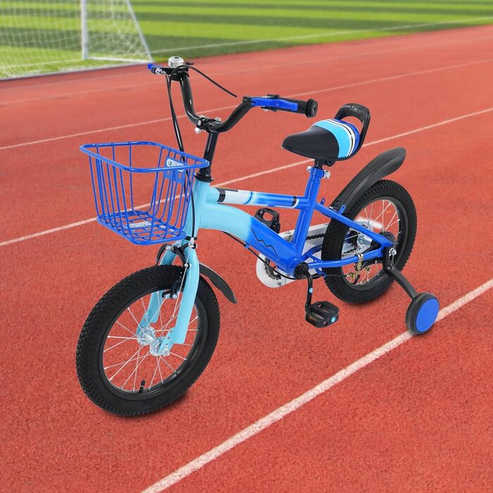 Дитяче велосипед 14 дюймів для хлопчиків та дівчаток з додатковими колесами та кошиком, від 3 років, з двома гальмами, регульоване кермо та сидіння (блакитний)