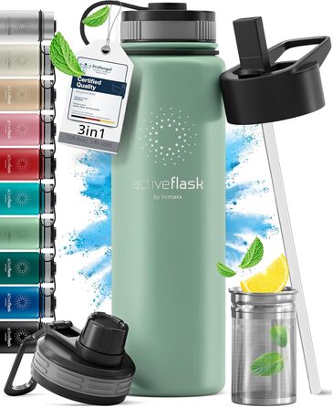 Термос-пляшка з нержавіючої сталі ACTIVE FLASK 680 мл із трубочкою, 3 кришки, без BPA, герметична, для газованої води, ізоляційна, для спорту, велосипеда, дітей, чаю (Sage)