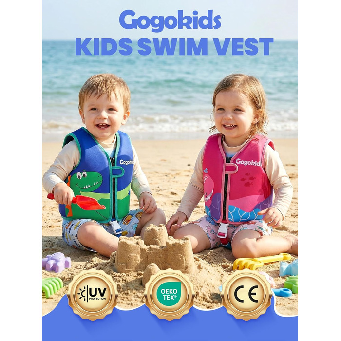 Дитячий жилет для плавання Gogokids 15-30 кг, для навчання плаванню, для малюків, неон, неопрен, регульований, 1-8 років (Зелений динозавр, L (5-8 років))