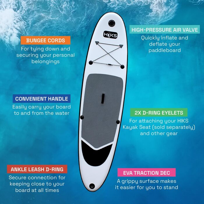 Надувна SUP-дошка HIKS 10.6ft (3,2 м) сірого кольору з веслом, насосом, рюкзаком і страховкою, універсальна для всіх рівнів, ідеально для початківців