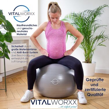 Гімнастичний м'яч VITALWORXX 65 см для вагітних, стабільний фітбол з насосом, вправи для вагітності та пологів, сірий