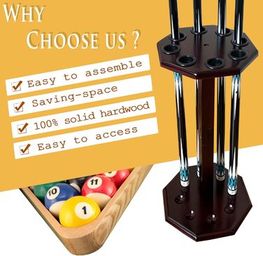 Стійка для більярдних київ на 8 київ, аксесуар для більярдного столу, дерев'яна підставка, підставка для київ, більярдний аксесуар (FLOOR-8-MAHOGANY)