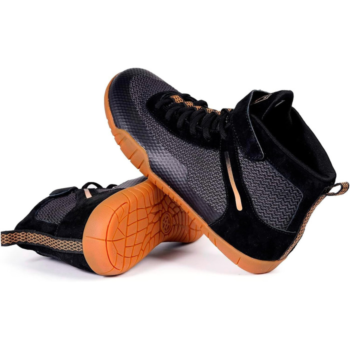 Черевики для боротьби, боксерські, фітнес, важкої атлетики та пауерліфтингу з плоскою підошвою (42 EU, широкі, чорний та золотий)