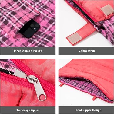 Спальний мішок BISINNA XL з фланелі з бавовни для кемпінгу, 2-3 сезони, дорослий, для походів та кемпінгу, внутрішнє та зовнішнє використання, з компресійним мішком (Рожевий, 1.5 кг)