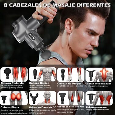Масажер для м'язів: електричний масажний пістолет з 8 насадок та 30 швидкостями до 4800 об/хв (сріблясто-сірий)