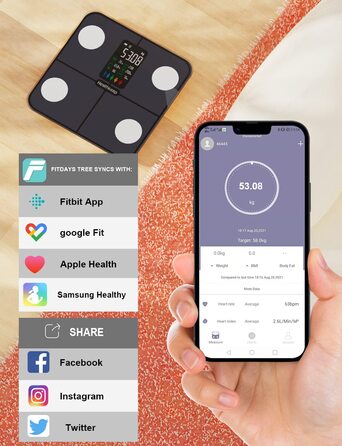 Healthkeep електронна вага для аналізу складу тіла: жирові відсотки, м'язова маса, 15 показників, моніторинг пульсу, великий VA-екран, синхронізація з додатком для iOS та Android