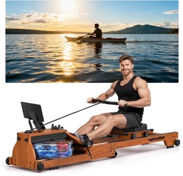 Гребний тренажер Wenoker для дому з дерева, складаний, з Bluetooth, комфортне сидіння, подвійні направляючі, до 150 кг, натуральний дуб