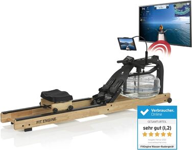 Водний гребний тренажер FitEngine з додатком Kinomap, натуральне дерево, LCD-дисплей, ергономічне сидіння, тримач для планшета/смартфона