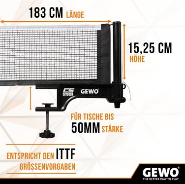 Мережа для настільного тенісу GEWO CS Outdoor - вулична, стійка до погодних умов, з кріпленнями та регулюванням висоти, чорна