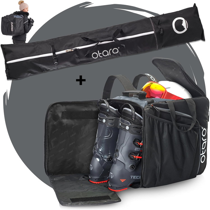 Чохол для лижних черевиків Otaro з відділенням для шолома | Сумка для лиж, шолома та аксесуарів | Водонепроникний, міцний | Комплект: сумка для черевиків (57л) + сумка для лиж XL (на 2 пари), сірий