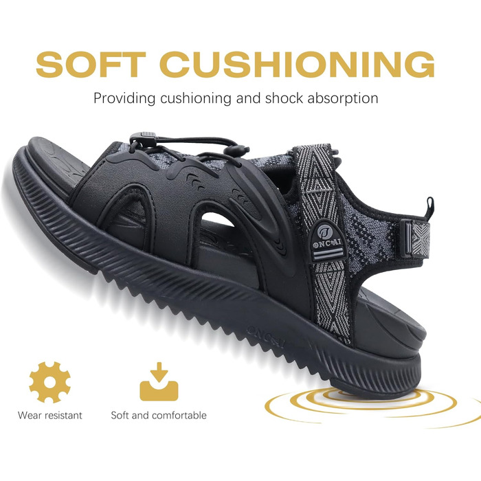 ONCAI Легкі сандалі для жінок, спортивні трекінгові сандалі з підтримкою стопи, ортопедичні для активного відпочинку, підходять при п'ятковому фасціїт, регульовані ремінці, розміри 36-43, чорний