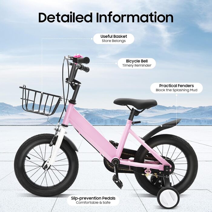 Дитячий велосипед 14 дюймів, регульована висота, рожевий велосипед для дівчаток 3-5 років. З додатковими колесами та кошиком. Ідеальний для навчання та катання на вулиці.