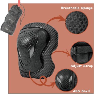 Дитячий регульований шолом та захисна екіпіровка: наколінники, налокітники, захист зап'ястя (S, 3-8 років), чорний