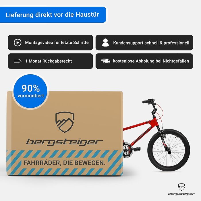Дитячий велосипед BMX Bergsteiger Monaco 20 дюймів, фрістайл, для дітей 6-9 років, 4 сталеві пеги, захист ланцюга, вільний хід, червоний