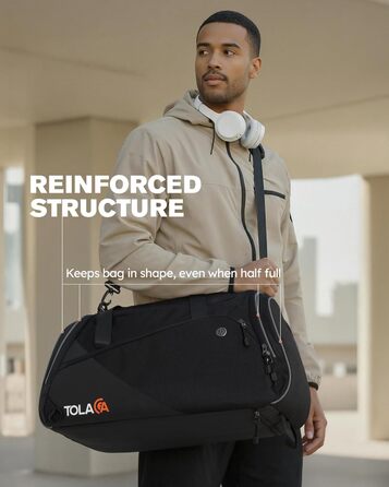 Спортивна сумка Tolaccea з відділенням для взуття та мокрого одягу, 47L, чорна. Ідеальна для фітнесу, тренувань, басейну та подорожей