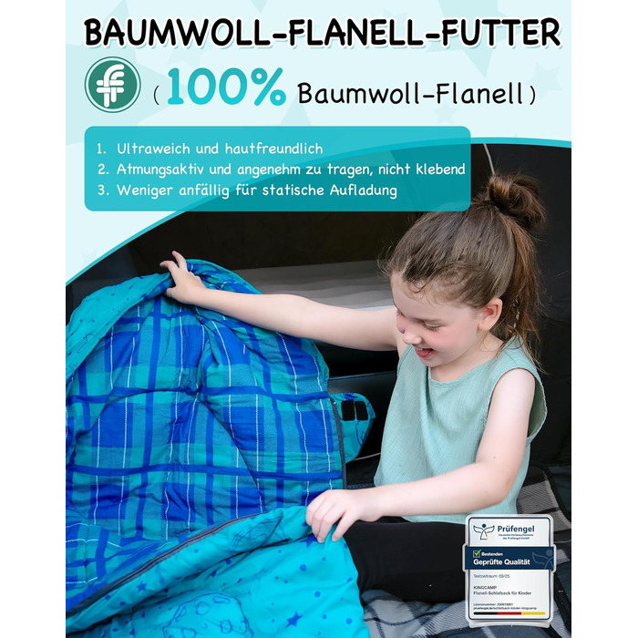 Сплячий мішок KingCamp для дітей, фланелевий, легкий, водонепроникний, компактний, зимовий, 4 сезони, для кемпінгу, підходить для дітей до 140 см, комфортна температура: 7°C, регульована довжина