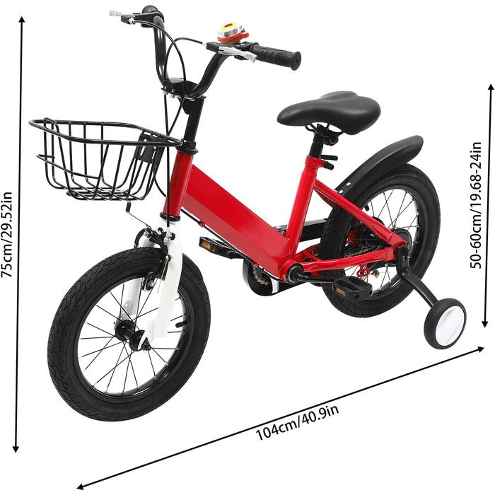 Дитячий велосипед 14 дюймів, регульована висота, велосипед для дівчаток 3-5 років, з додатковими колесами та кошиком, червоний