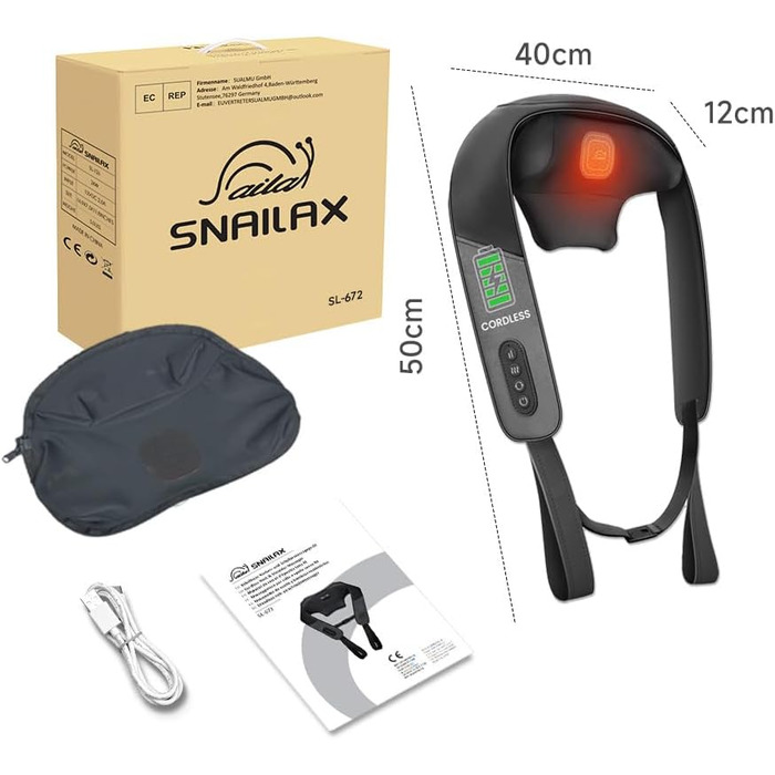 Масажер для шиї та спини Snailax Shiatsu бездротовий з підігрівом, 4D ролики, акумуляторний, USB-C, чорний