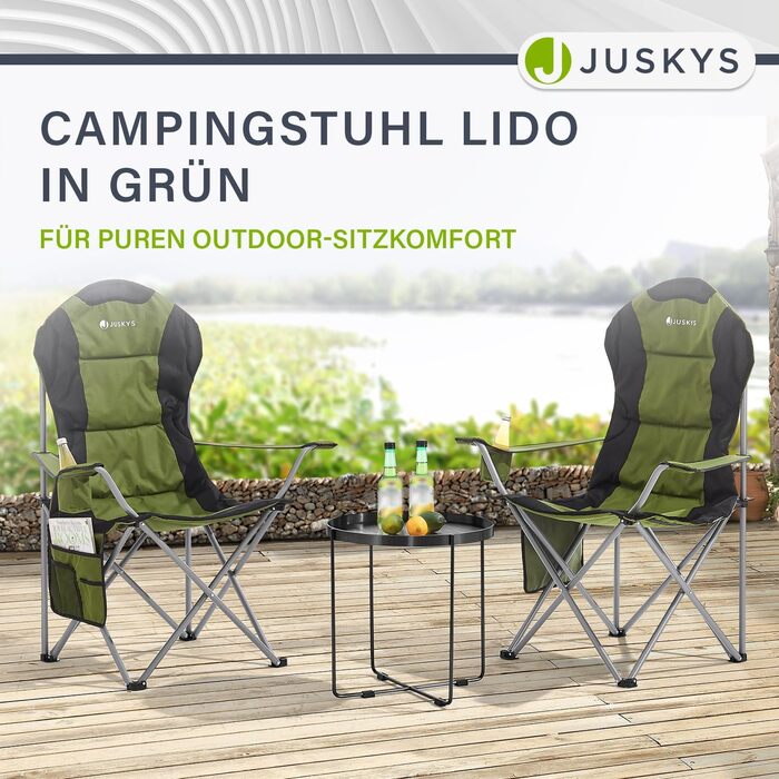 Крісло для кемпінгу Juskys Lido складне з підстаканником, кишенею та сумкою - зручне крісло для відпочинку на природі з підлокітниками та спинкою, 4 кольори (зелений)