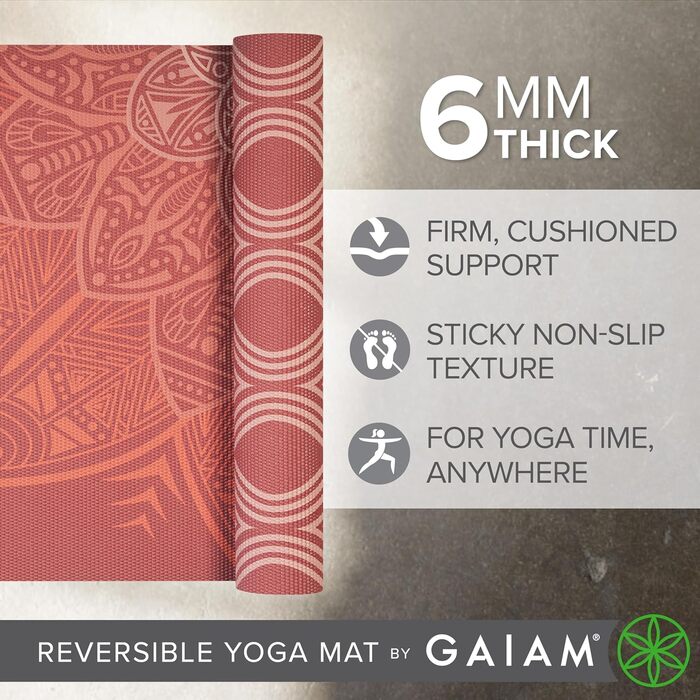 Килимок для йоги Gaiam Premium 6 мм з двостороннім малюнком, двошаровий, нековзний, для йоги, пілатесу та вправ на підлозі (172,7 x 61 x 6 мм), з малюнком квіти