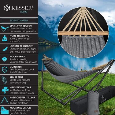 Гамак KESSER® з металевим каркасом, складаний, регульований, стабільний. Для дому та вулиці. З сумкою. Гамак-гойдалка для кемпінгу, саду, басейну, балкону, тераси (сірий)