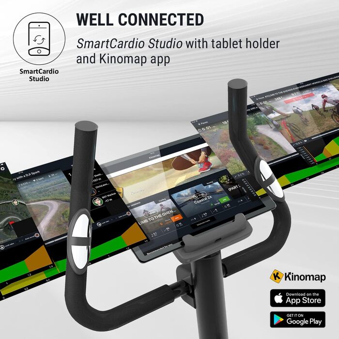 Велотренажер KLAR FIT Myon Cycle з маховиком 12 кг, ремінний привід SilentBelt, 8 рівнів навантаження, вимірювач пульсу, регульована висота сидіння, підставка для планшета, білий (чорний)