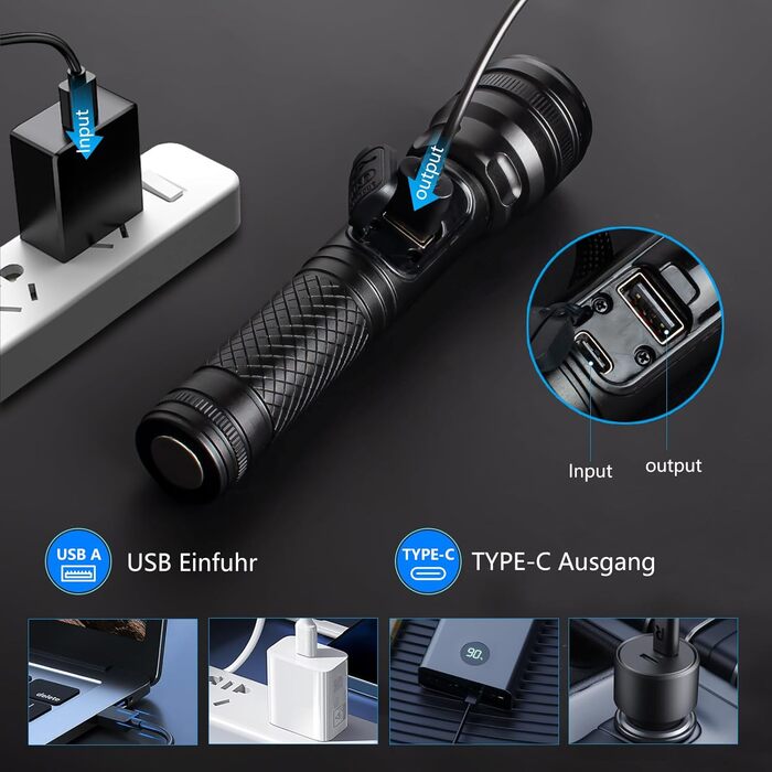 Тактична ліхтарик ASORT 990000 Lumen, USB, Zoom, IP67, 10 режимів, для дому, відпочинку, надзвичайних ситуацій