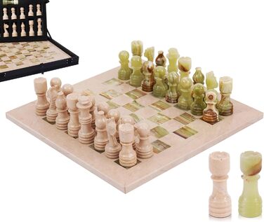 Шаховий набір з мармуру для дорослих, ручної роботи, 32 фігури, 2 додаткові королеви, коробка для зберігання, подарунок, декор (кораловий & темно-коричневий) (Verona & Green)