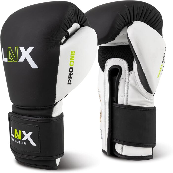 Боксерські рукавички LNX Pro-One зі шкіри, професійні для спарингу та тренувань, 14 унцій, чорні/чорно-білі, для чоловіків і жінок