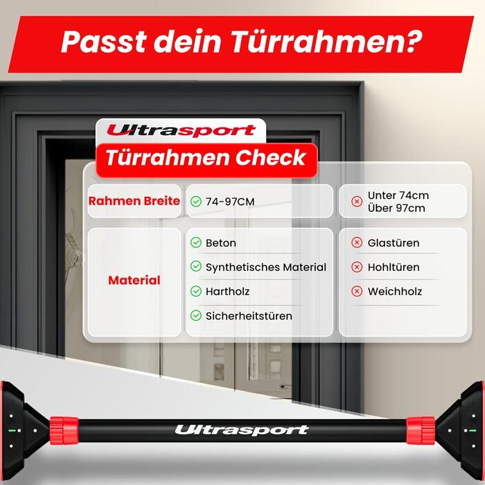 Турнік для дверей Ultrasport, розсувний 66,5-93 см, без свердління, нековзкий, з поролоновими ручками