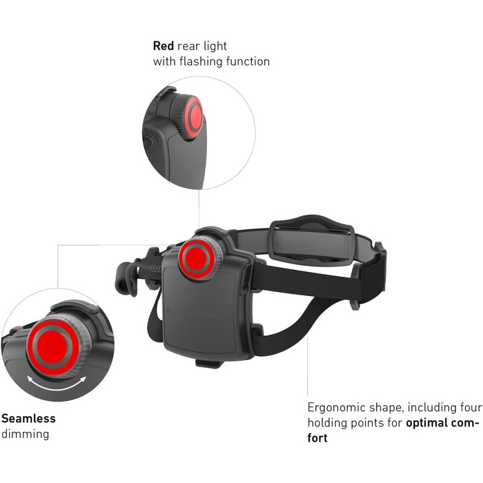 Ліхтар налобний LED Ledlenser H7R.2, акумуляторний, 600 люмен, фокусований, до 120 годин роботи, червоне заднє світло, поворотний, USB-кабель
