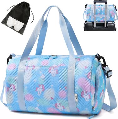 Спортивна сумка для дівчаток з єдинорогом, водонепроникна, з відділенням для взуття та мокрих речей, маленька сумочка для подорожей, фітнесу, школи, спорту (Блакитна)