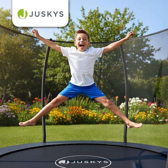 Батут Juskys SkyBounce – Ø 228/305/366 см, Outdoor, з сіткою безпеки, сходами та пружинами PowerSpring