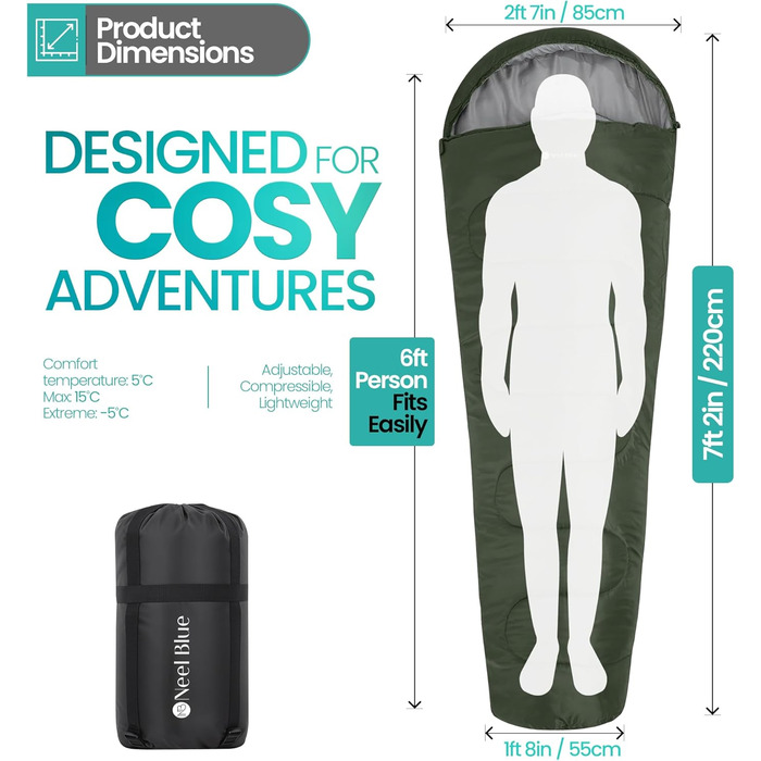 Спальний мішок Mumienschlafsack для дорослих - легкий, компактний, водонепроникний, з капюшоном, 220x85 см, теплий, придатний для прання, для кемпінгу, трекінгу, подорожей, зелений