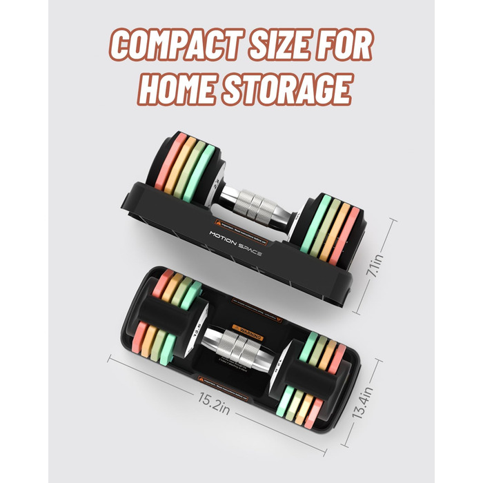 Регульований набір гантелей Motion Space, 5.7-10.2 кг, для дому, компактний, з підставкою, 5 ваг в 1 сек, кольоровий (Райдуга)