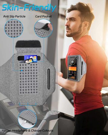 Чохол-тримач для телефону на руку Razobws для бігу з кишенею для навушників, сумісний з iPhone 17 16 15 14 13 12 11 Pro Max, Galaxy S24 S23 Ultra, чорний/сірий (до 6.8 дюймів)