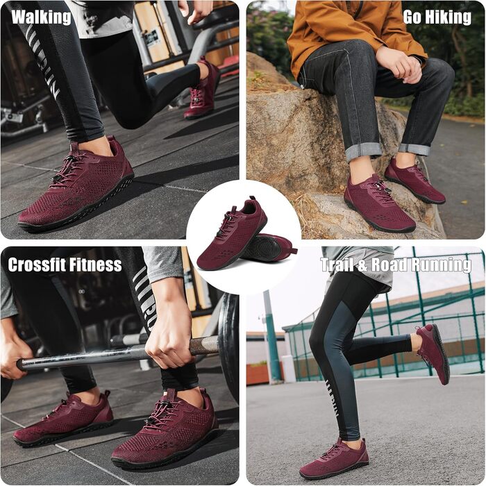 Босижні кросівки Geweo для жінок та чоловіків: зручні, широка передня частина, легкі, для фітнесу, кросфіту, силових тренувань, без підйому, для хайкінгу, унісекс, 37-47EU, бордовий, 45 EU, широкі