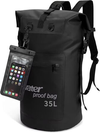 Водонепроникний рюкзак Weldun 35L/50L Rolltop Dry Bag з IPX8 чохлом для телефону, для каякінгу, кану, кемпінгу, трекінгу, піших прогулянок, вітрильного спорту та інших водних видів спорту, чорний