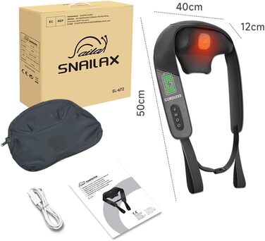 Масажер для шиї та спини Snailax Shiatsu бездротовий з підігрівом, 4D ролики, акумуляторний, USB-C, чорний