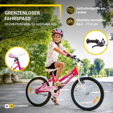 Детский велосипед Actionbikes Butterfly, 20 дюймов, V-Brake тормоза, защита от грязи спереди и сзади, для девочек 6-9 лет, белый/розовый