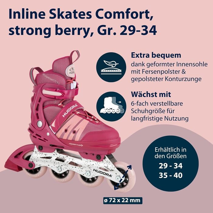 Інлайнери для дітей та підлітків Hudora Comfort Strong Berry, 29-34, регульовані, дихаючі