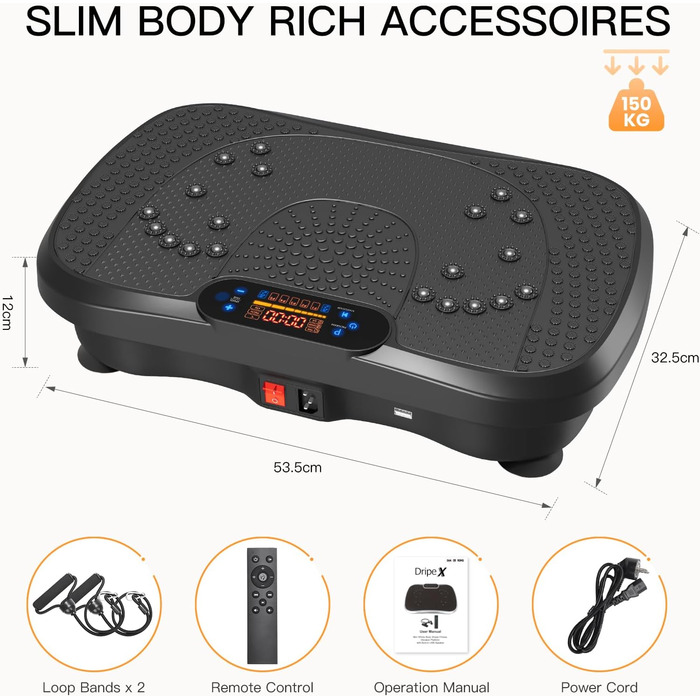 Платформа для вібраційного тренування Dripex, 3D, 99 рівнів, 5 програм, Bluetooth, стрічки, чорна