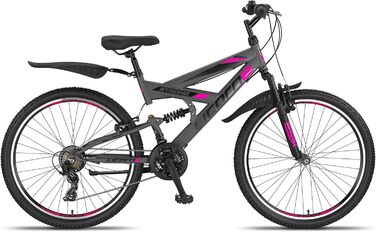 Гірський велосипед Licorne Bike Premium Strong V 24/26 дюймів для хлопців, дівчат, жінок і чоловіків, 21 швидкість, повна амортизація, антрацит/рожевий, 24 дюйми