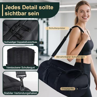 Спортивна сумка для чоловіків та жінок, 30-58L. Рюкзак, невелика сумка з відділенням для взуття та мокрих речей. Ідеальна для плавання, спорту, йоги, футболу (Чорний)