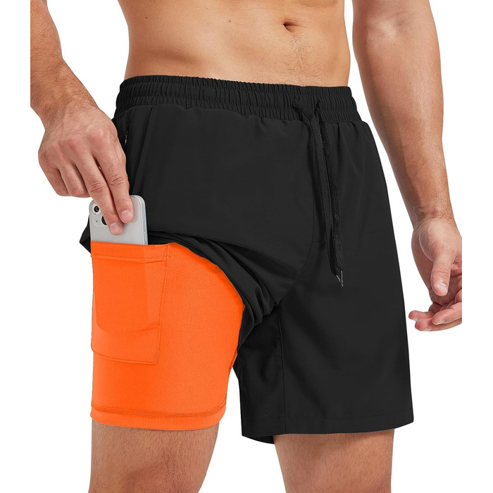 Шорти спортивні чоловічі для бігу 2 в 1, швидкі, короткі, для тренувань та марафону, з кишенею на блискавці (S, чорний та оранжевий)